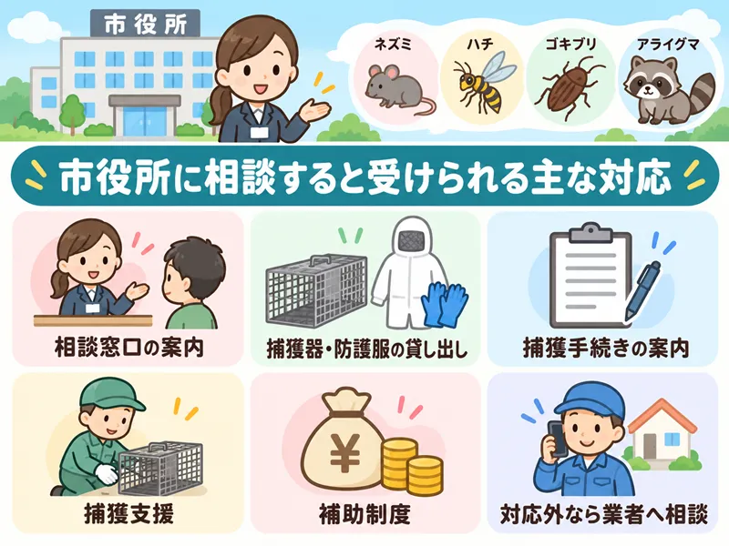 市役所に相談したときに受けられる害獣・害虫対策の主な対応をまとめた図解