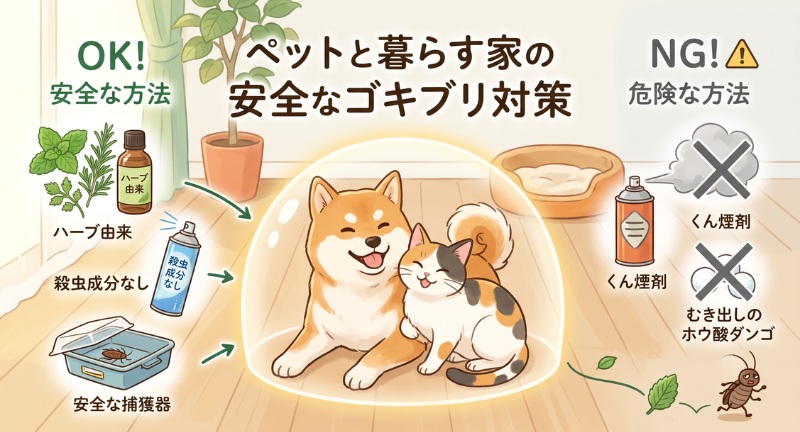 ペットがいる家庭向けの安全なゴキブリ対策を解説するブログアイキャッチ。中央の犬猫をバリアで守り、左側（OK）にハーブ、殺虫成分なしスプレー、安全な捕獲トラップを、右側（NG）にくん煙剤とむき出しのホウ酸ダンゴを対比させて配置。