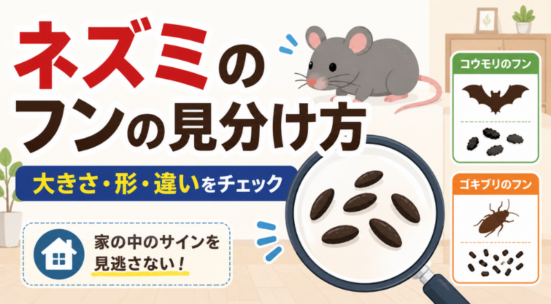 ネズミのフンの見分け方を大きさ・形・コウモリやゴキブリのフンとの違いで比較したイラスト