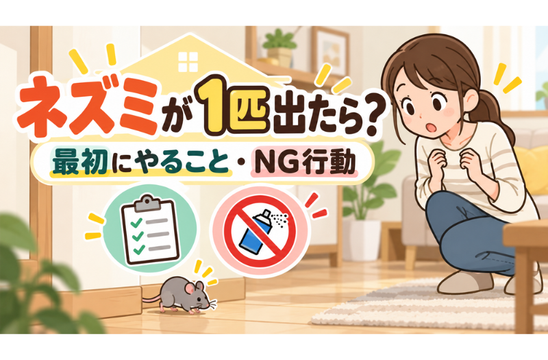 家にネズミが1匹出たときの対処法とNG行動を示すイラスト