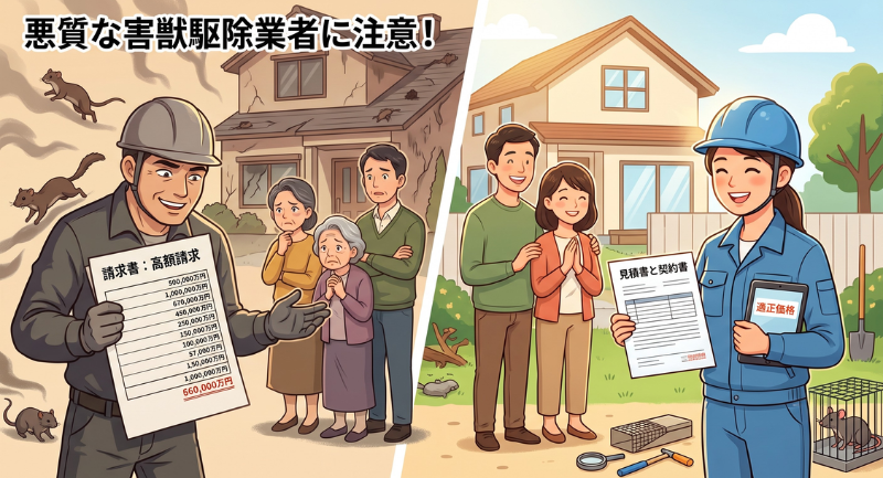 悪質な害獣駆除業者と優良業者の見分け方を示すイラスト