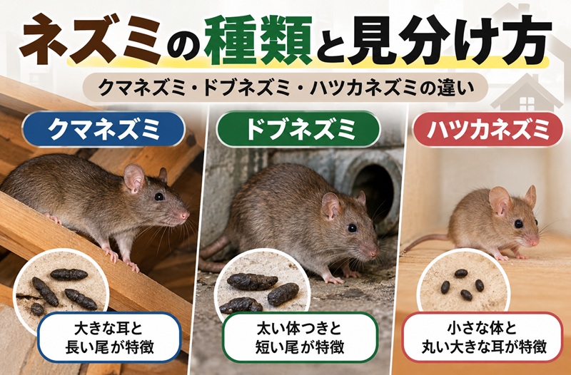 クマネズミ・ドブネズミ・ハツカネズミの種類と見分け方