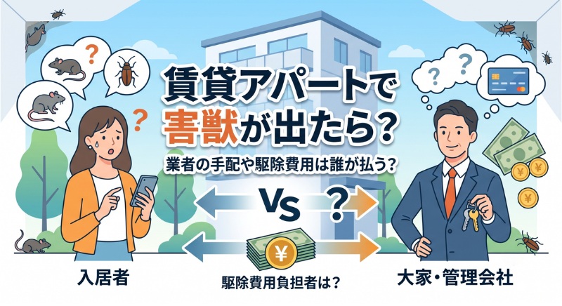 賃貸アパートで害獣が出た場合の駆除費用負担について悩む入居者と大家さんのイラスト