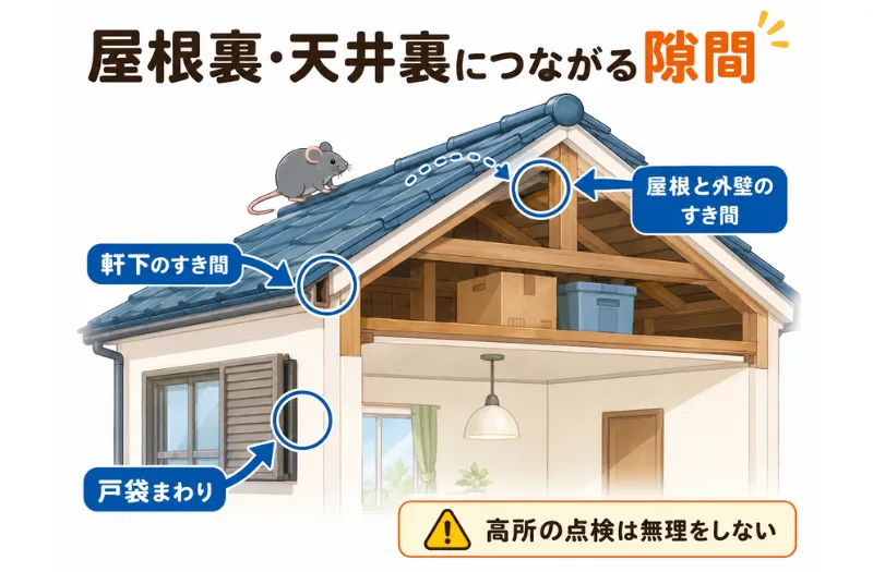 ネズミが屋根裏や天井裏へ侵入する隙間として軒下・屋根と外壁のすき間・戸袋まわりを示した図解