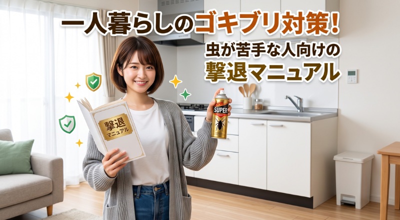 一人暮らしの清潔な部屋で、自信に満ちた笑顔の女性が「ゴキブリ撃退マニュアル」と強力な殺虫剤を掲げるアイキャッチ画像。
